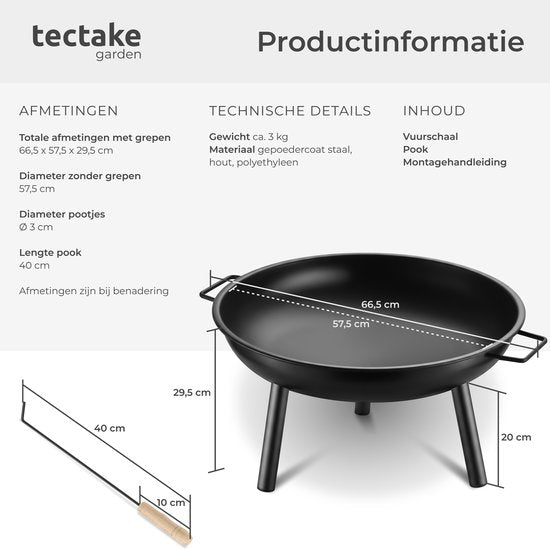 tectake® Brasero Diablo - Acier résistant à la chaleur - Brasero avec tisonnier - Ø 57,5 cm - Foyer de jardin - Foyer d'ambiance d'extérieur - Avec poignées et système d'évacuation de l'eau - Pour le bois de chauffage et le charbon de bois