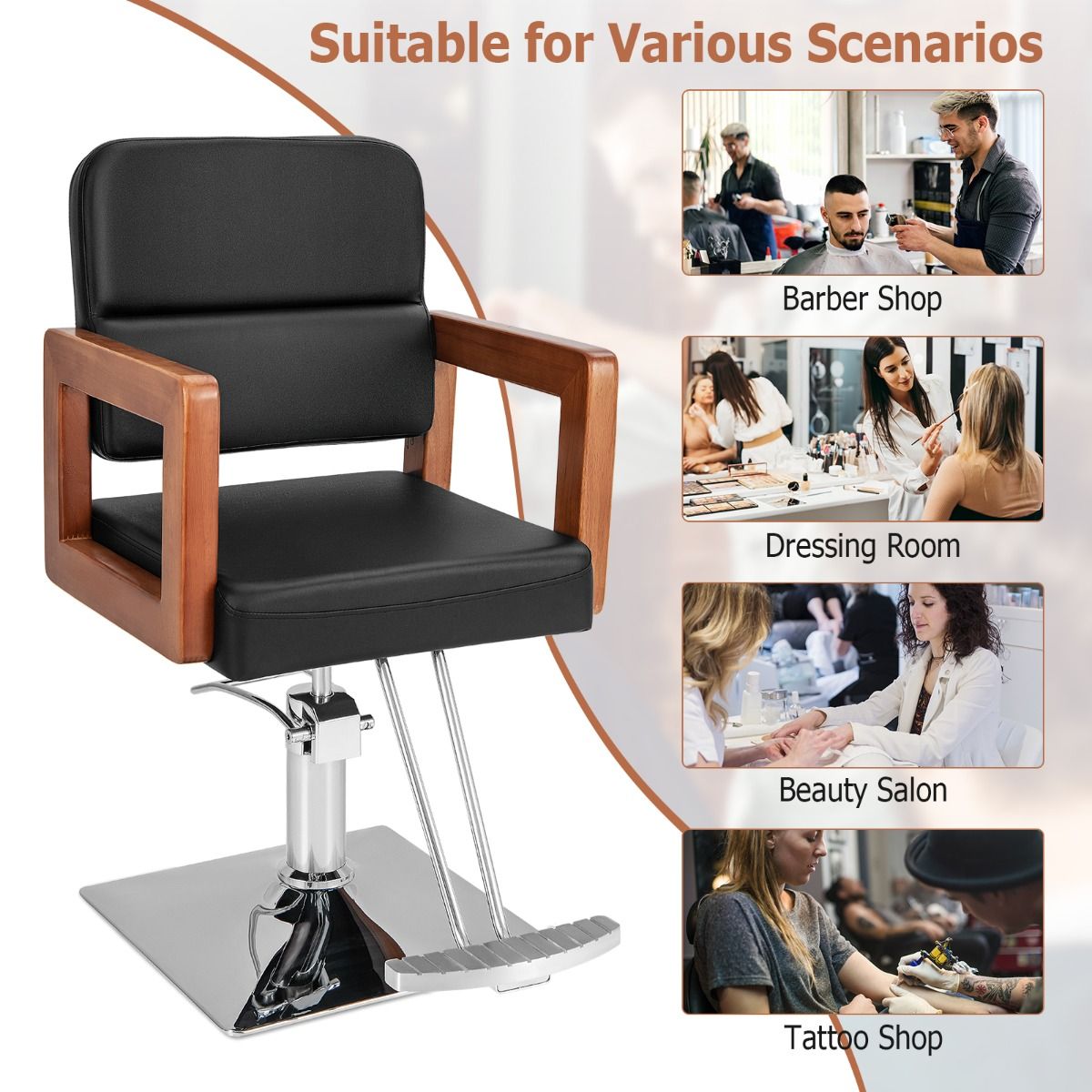 Fauteuil de coiffure hydraulique Coast - pivotant à 360° - réglable en hauteur - accoudoirs en bois massif - noir