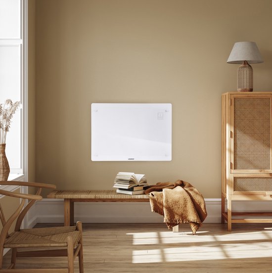 Chauffage électrique - VONROC  - Convecteur avec panneau en verre - 750W/1500W - Jusqu'à 18m2 - Contrôlé par l'application (via Wifi) et manuellement - Blanc