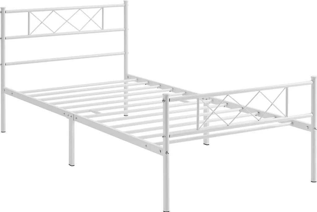Yaheetech Cadre de lit 90 × 190 cm - Métal blanc - Lit simple avec tête de lit X-Design, sommier à lattes et espace de rangement de 32,5 cm