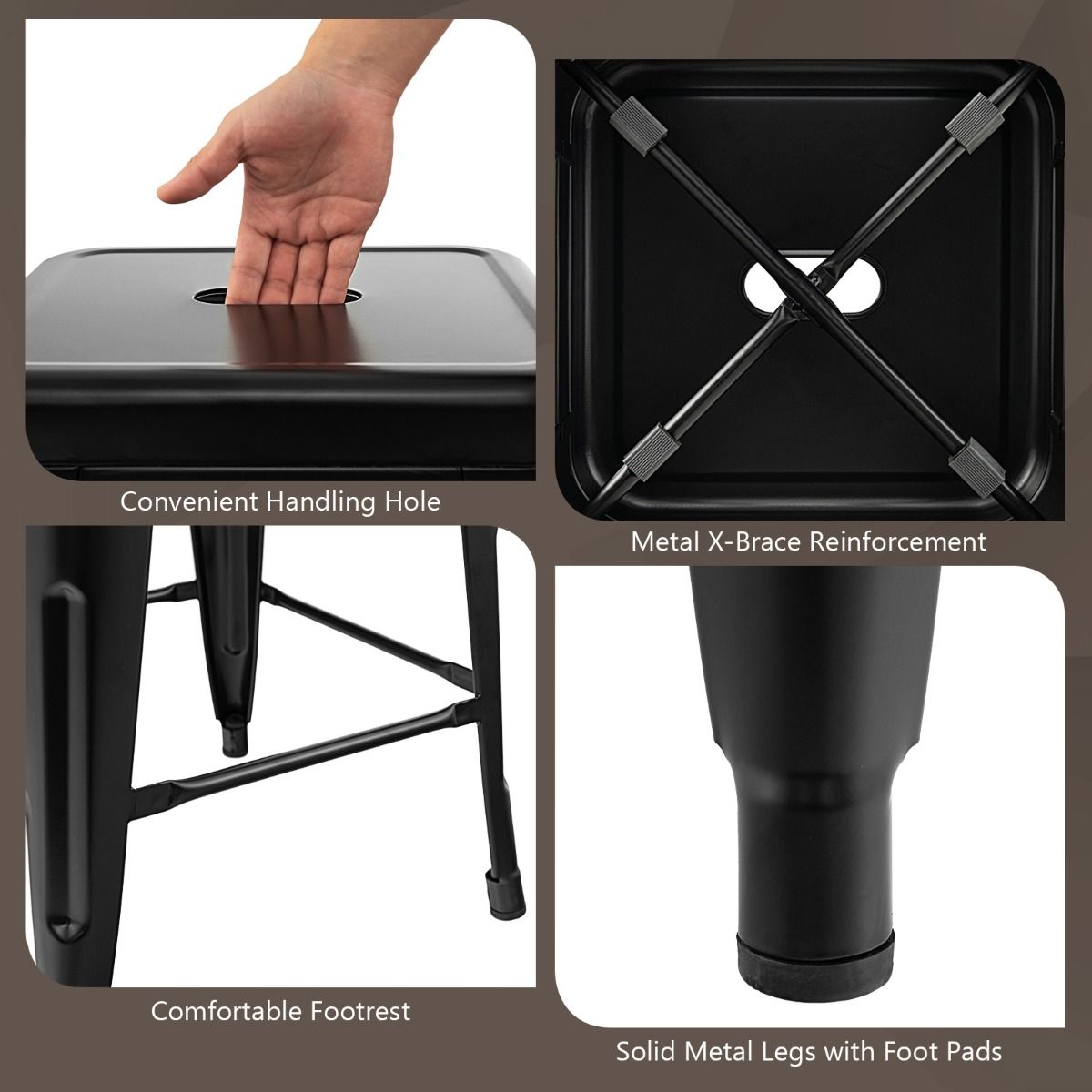 Ensemble de 4 tabourets de bar Coast - empilables - avec repose-pieds - noir - hauteur d'assise 76 cm