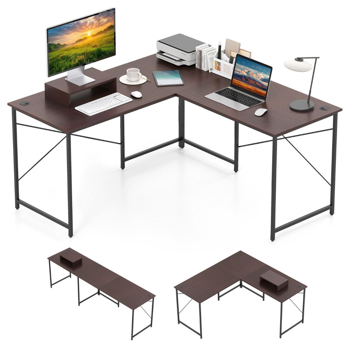 Bureau d'angle Coast en L, réversible - prise intégrée - support d'unité centrale amovible - marron foncé
