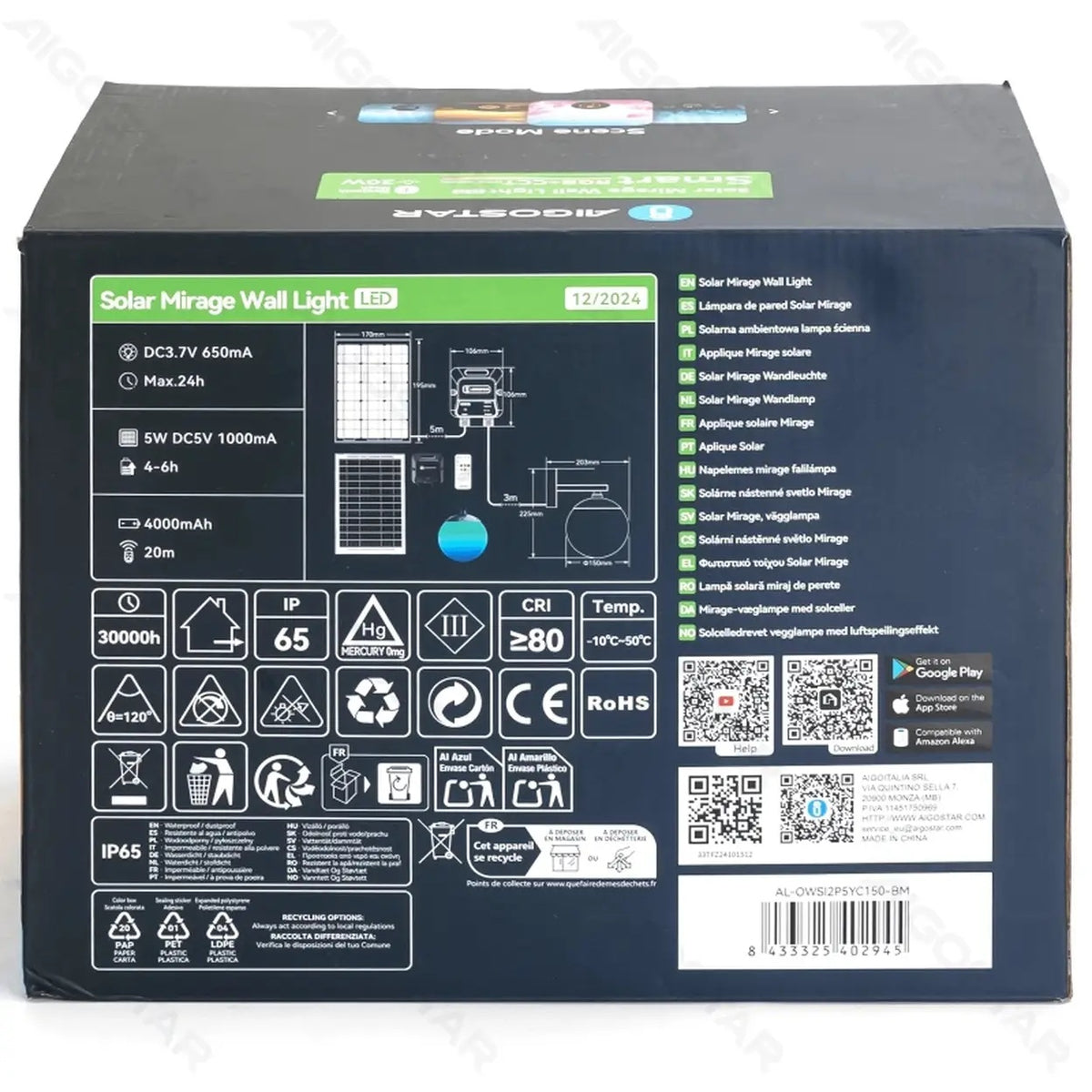 Applique solaire intelligente Aigostar - Bluetooth Mesh - RGBCCT - 20 W