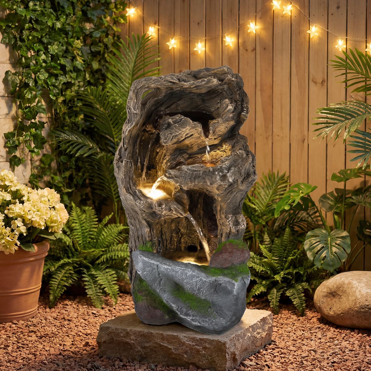 Fontaine de jardin Coast à 4 niveaux - Éclairage LED - Résistante aux intempéries - Marron, 26 x 28 x 53 cm