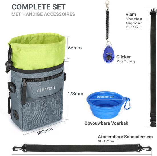 Pochette de récompenses Tikkens pour chiens - Avec clicker et gamelle pliable - Imperméable et lavable - 25 x 15 x 3 cm - Gris