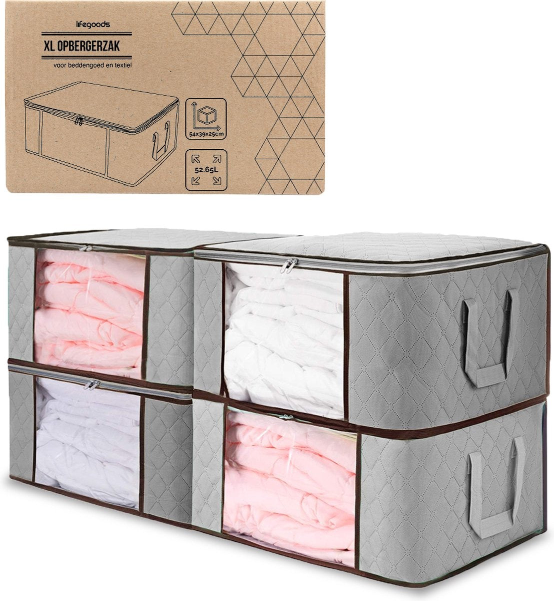 LifeGoods Sac de rangement et d'organisation - 4x 50L - 54x25x39 cm - Textile - Gris