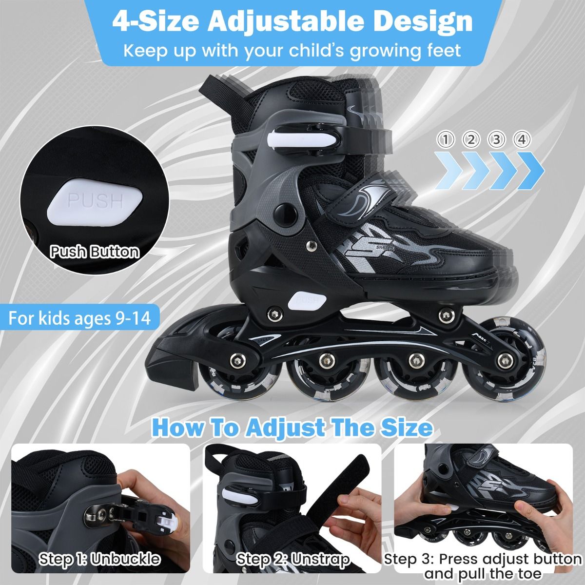 Rollers pour enfants Coast - Réglables sur 4 positions - Roues à LED - gris