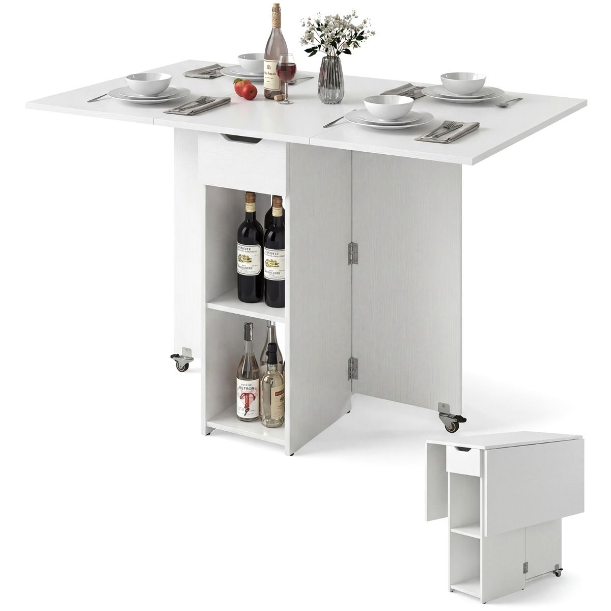 Table de cuisine pliante Coast - avec tiroir et étagères de rangement - pouvant accueillir quatre personnes - blanc/marron rustique/noir