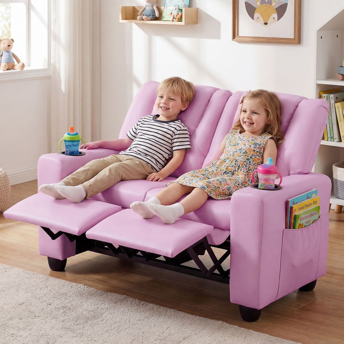 Banc pour enfants Coast avec fonction d'inclinaison - double assise - porte-gobelets - rose 54 x 94 x 68 cm