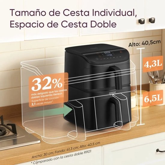 Friteuse à air chaud Cosori CAF-DC121-AEUR double, 10,8 l, modèle sur pied, 2 630 W, noire