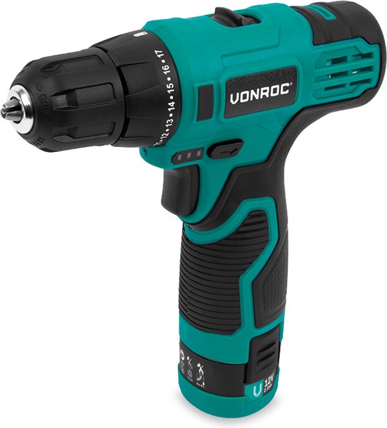 VONROC Perceuse à batterie 12V - Comprend une batterie, un câble USB et un jeu de forets et d'embouts de 16 pièces.