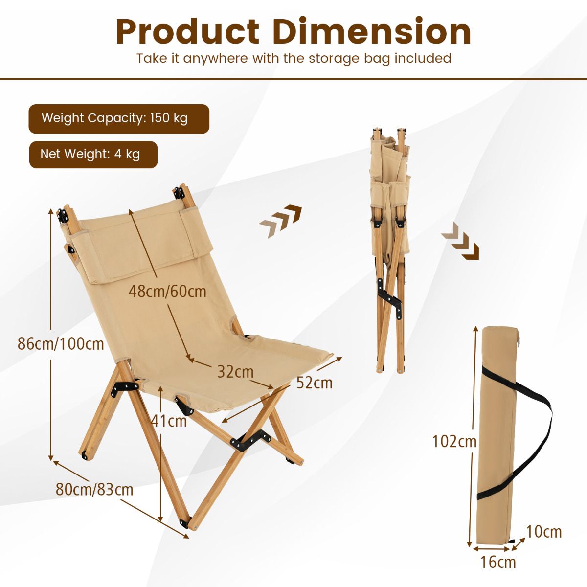 Chaise de camping pliable Coast - Structure en bambou - Dossier réglable - Sac de transport inclus - Couleur naturelle