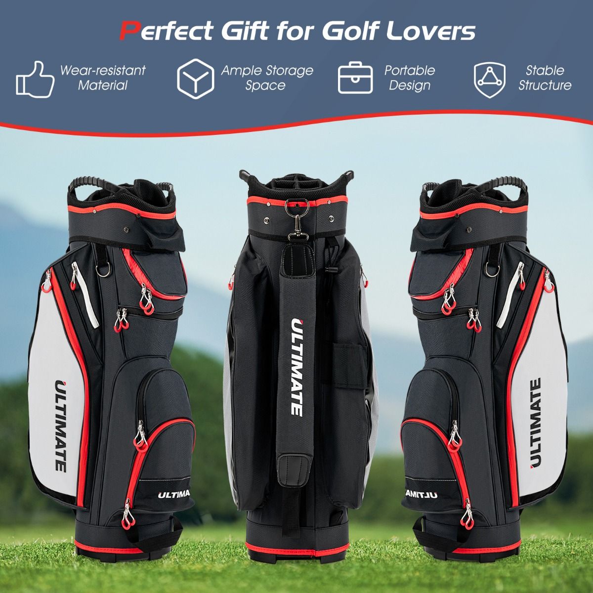 Sac de golf Coast avec housse de pluie - 14 compartiments - léger - rouge et noir