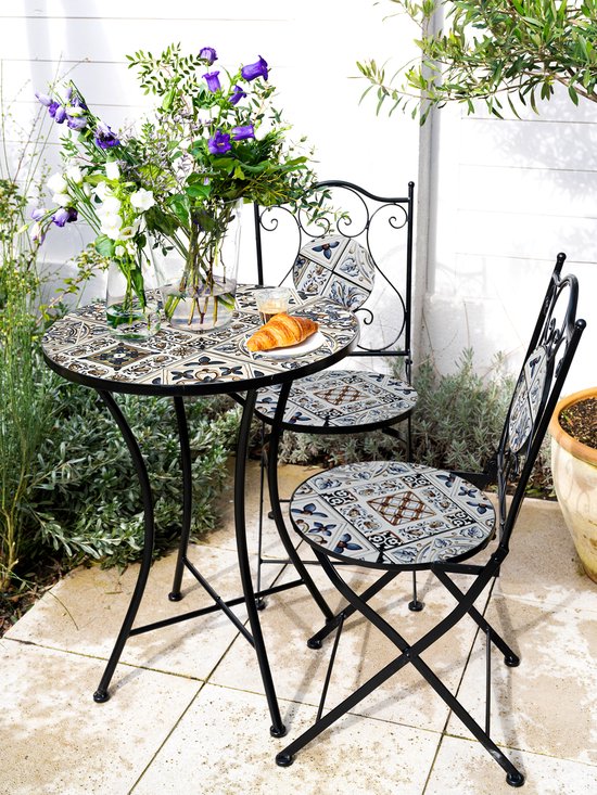 Chaises de bistrot AXI Amélie – Pliantes – Bleu clair – Chaises de jardin pliantes en métal – Dossier haut – Lot de 2 pièces – Effet mosaïque – Incrustées de carreaux de céramique – Capacité de charge de 150 kg – Jardin, terrasse ou balcon