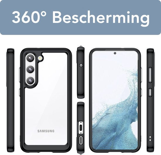 Podec Case Suitable for Samsung Galaxy S23 Black and Transparent Phone Case - Anti-Shock Case Cover with 2x Screen Protector