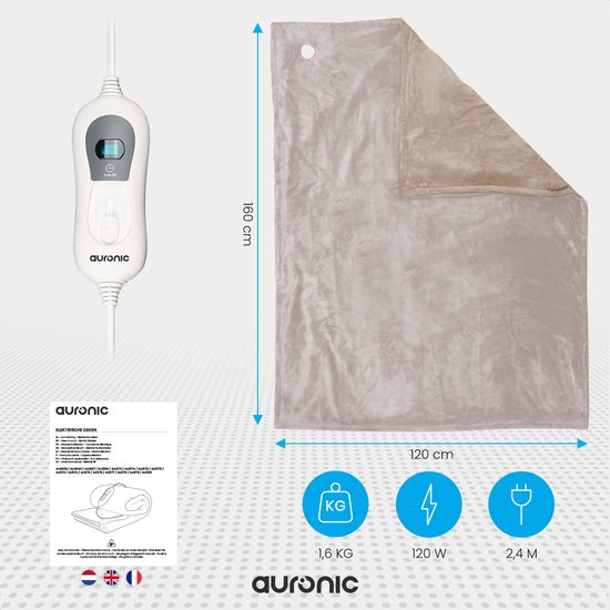 Couverture chauffante électrique -  Auronic - 1 personne - 3 niveaux de chaleur - avec minuterie - 160 x 120cm - Beige