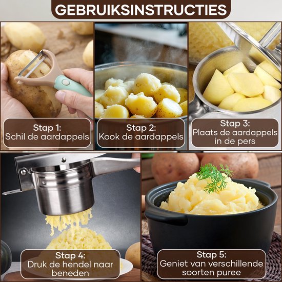 Presse-pommes de terre Qualisce - Presse-purée - Pilon à purée - Presse-pommes de terre à 3 disques - Écrase-purée - Avec éplucheur multifonction