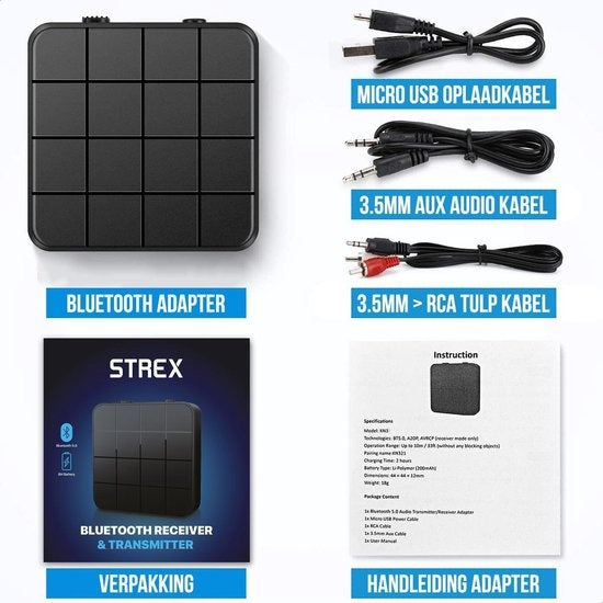 Adaptateur Bluetooth 2-en-1 – Strex – Émetteur + récepteur – Jack 3,5 mm – 200 mAh – Noir