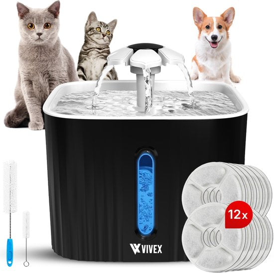 Fontaine à eau Vivex® - Fontaine à eau pour chats et chiens - 12 filtres et outils de nettoyage inclus - Très silencieuse - Filtres supplémentaires