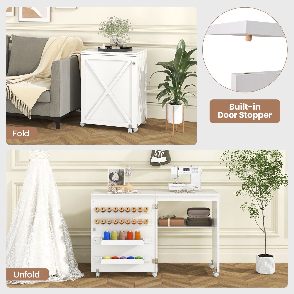 Table de couture pliable Coast avec porte de rangement - 5 roulettes verrouillables - blanche