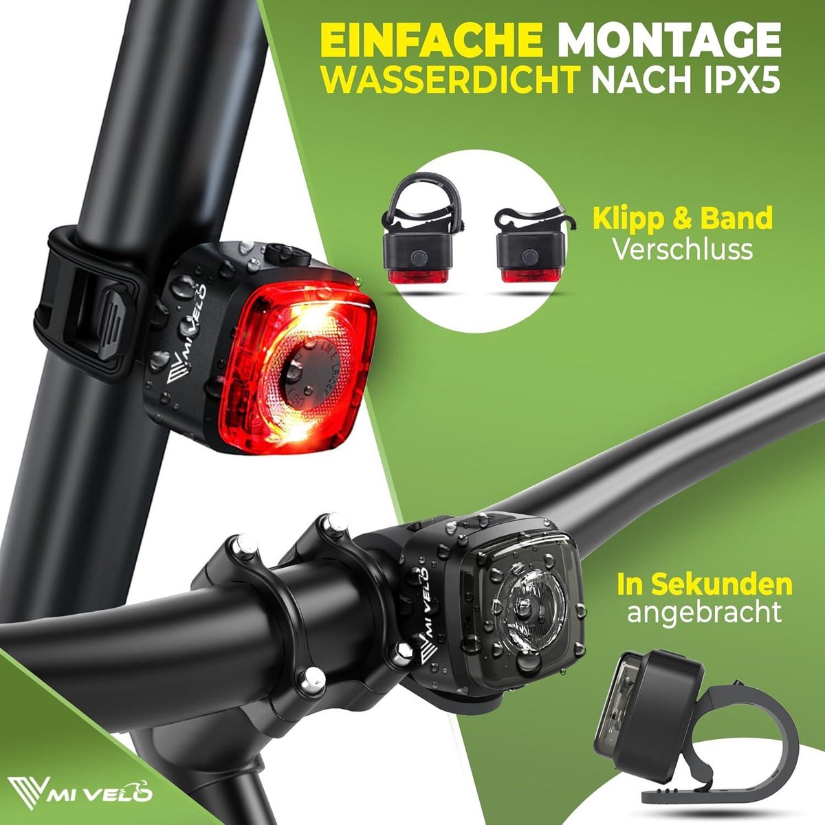 Kit d'éclairage vélo MIVELO avec clignotant - Étanche IPX5 - Feux avant et arrière rechargeables par USB - Noir