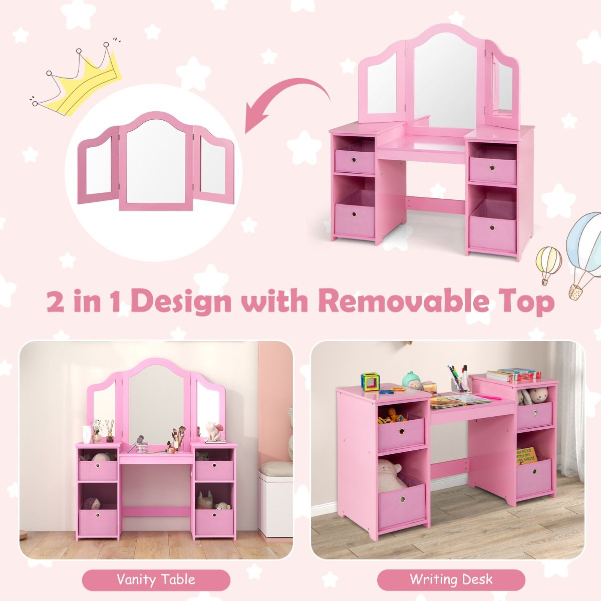 Coast : coiffeuse et bureau pour enfant - Miroir amovible à trois faces - Avec bacs de rangement - Rose