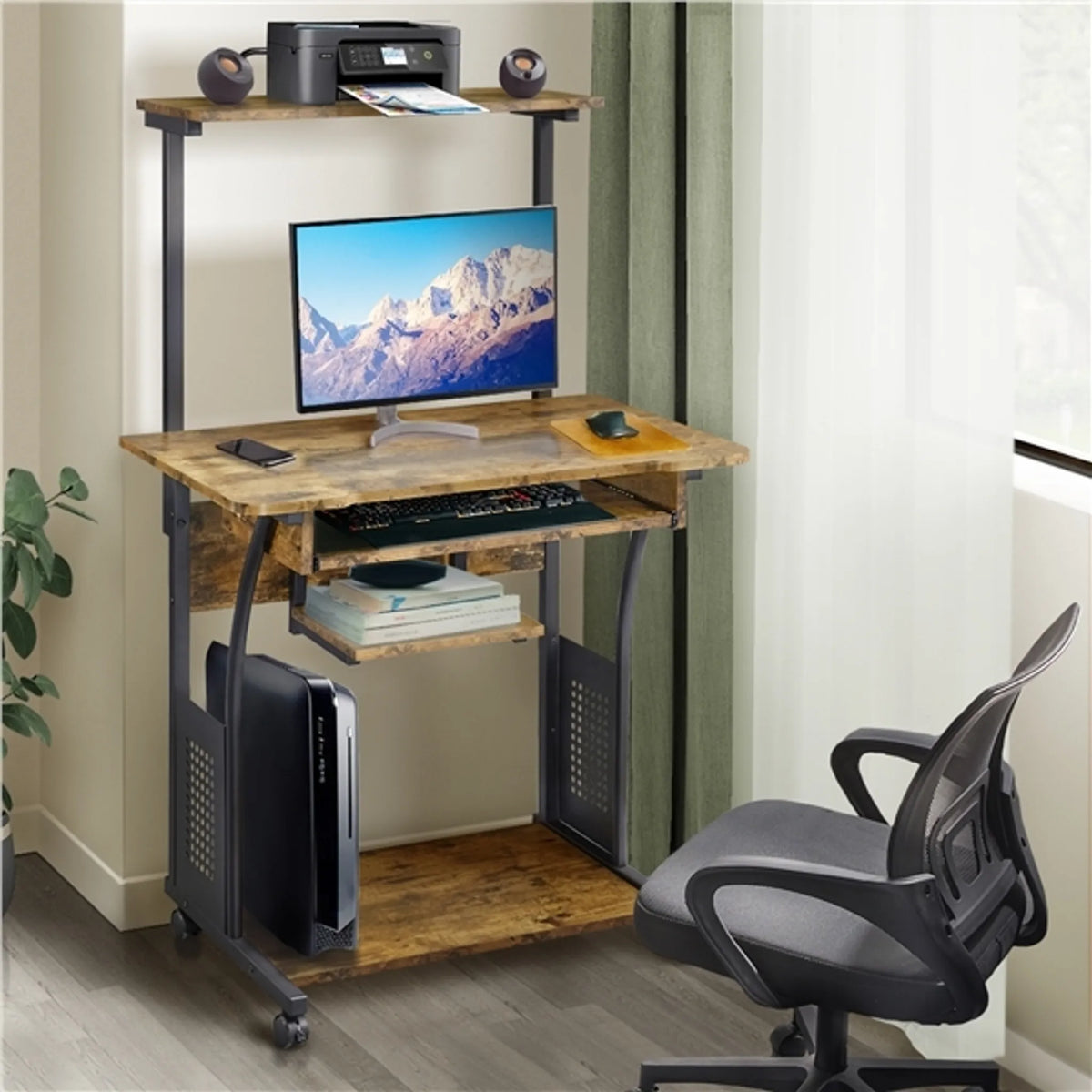 Bureau d'ordinateur Yaheetech avec étagères de rangement et roulettes - 80,5 x 60 x 132 cm - Marron rustique