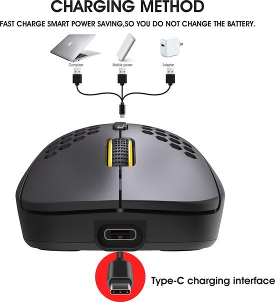 HXSJ T90 Souris de jeu sans fil 2.4G - Bluetooth - Souris d'ordinateur - Ultra légère - Eclairage RVB - Noir