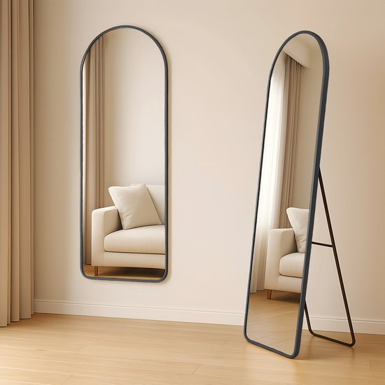 Miroir Fraay 160 x 55 cm - À poser ou à accrocher - Verre trempé - Miroir mural minimaliste - Miroir sur pied - Noir