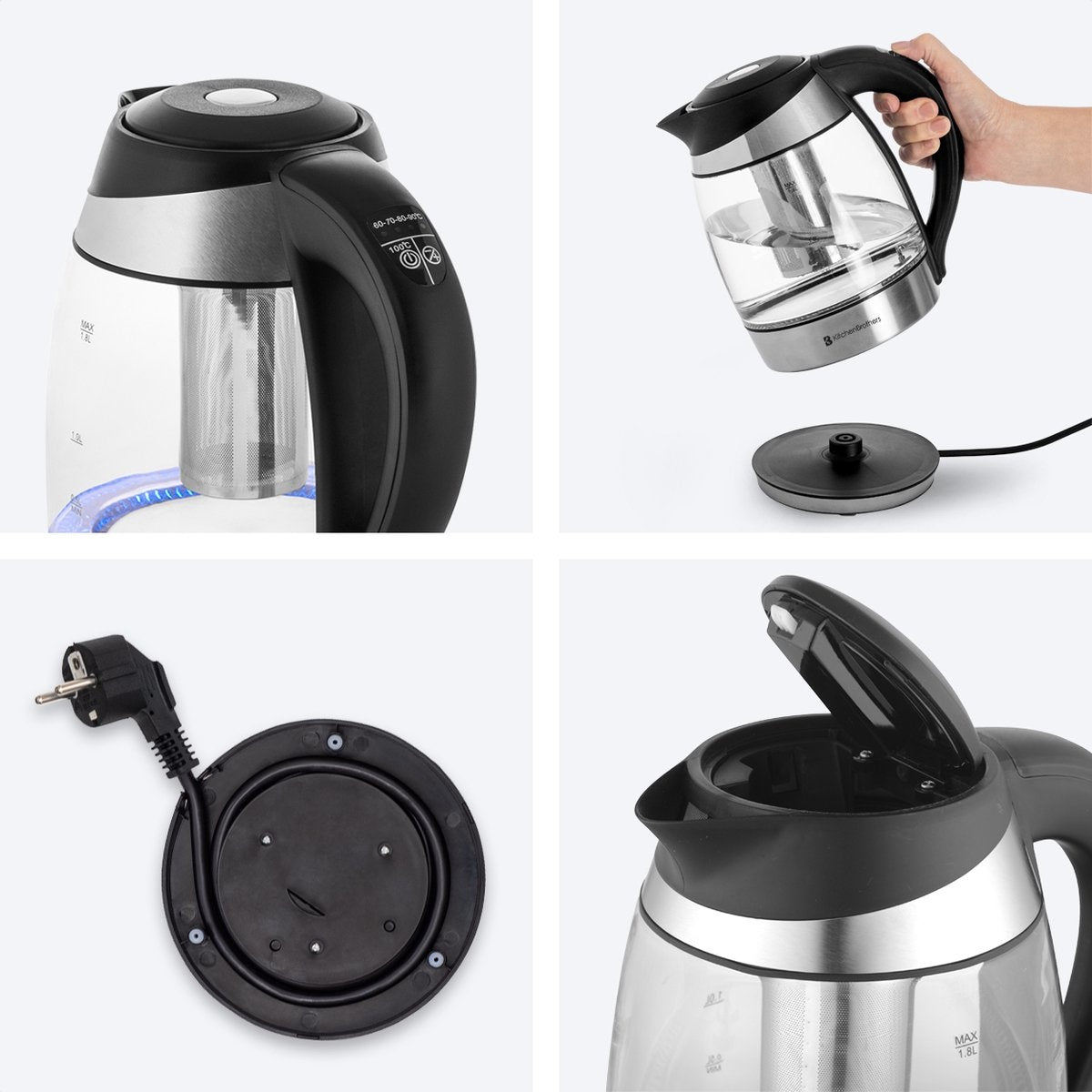 Bouilloire électrique KitchenBrothers - 1,8L - Fonction maintien au chaud - avec filtre à thé - 1,8L - acier inoxydable