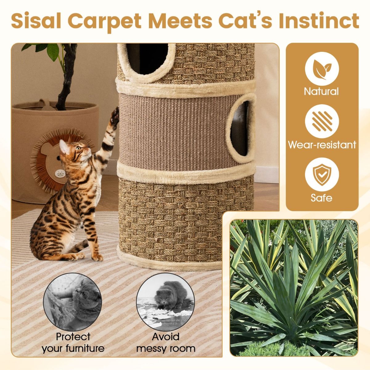 Tour pour chats Coast à 3 étages - poteau à griffer en sisal - coins de repos douillets - kaki et marron - 36 x 36 x 70 cm