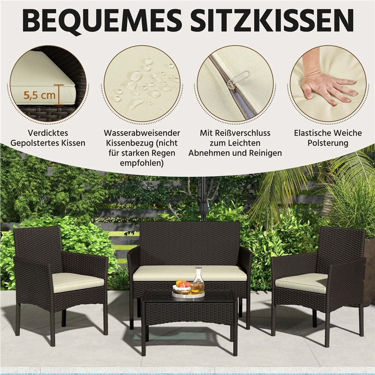 Ensemble de salon en polyrotin Yaheetech, 4 pièces - Canapé 2 places et 2 fauteuils avec table en verre - 100 x 59,5 cm - Marron avec coussins beiges