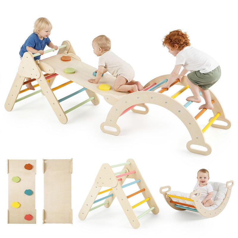 Structure d'escalade en bois Coast Montessori - Ensemble de jeux 3 en 1 comprenant un triangle d'escalade, un arc d'escalade et une rampe - coloré