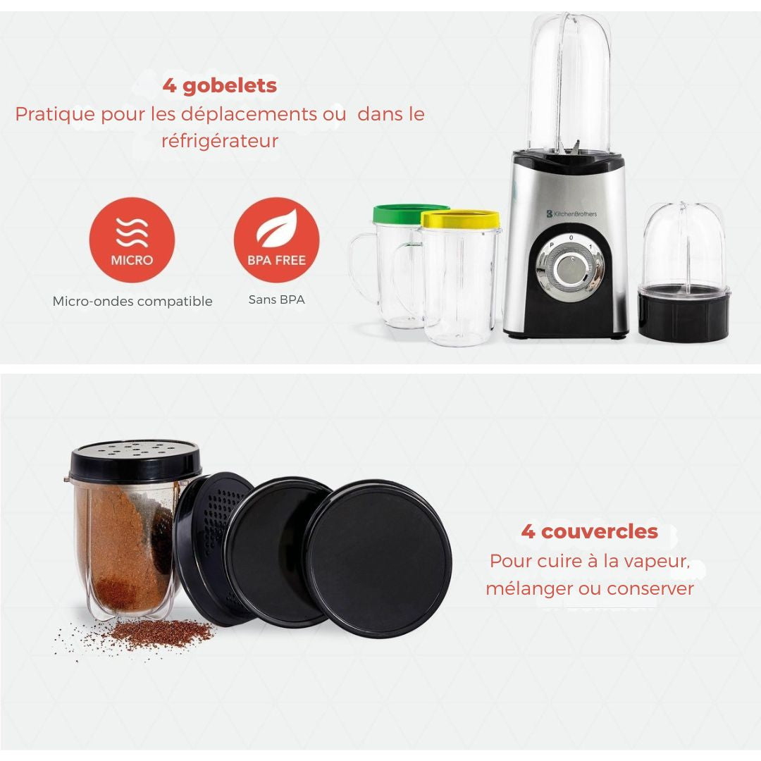 Mixeur Smoothie - KitchenBrothers - 13 Pièces - 4  Gobelets - 350W - acier inoxydable