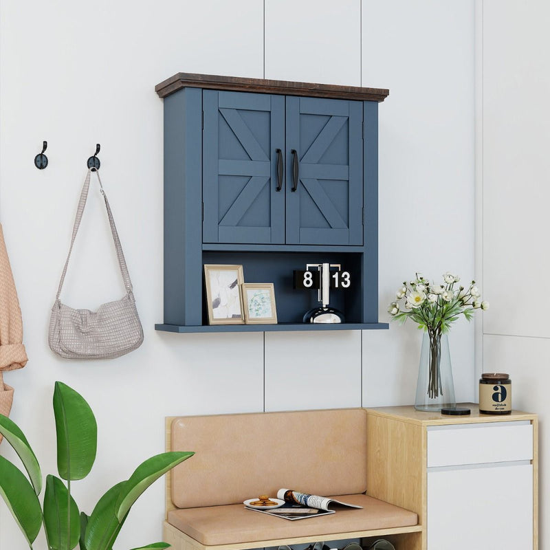 Armoire murale Coast en bois - étagères réglables - portes et compartiment de rangement ouvert - bleu marine 55 x 19 x 60 cm