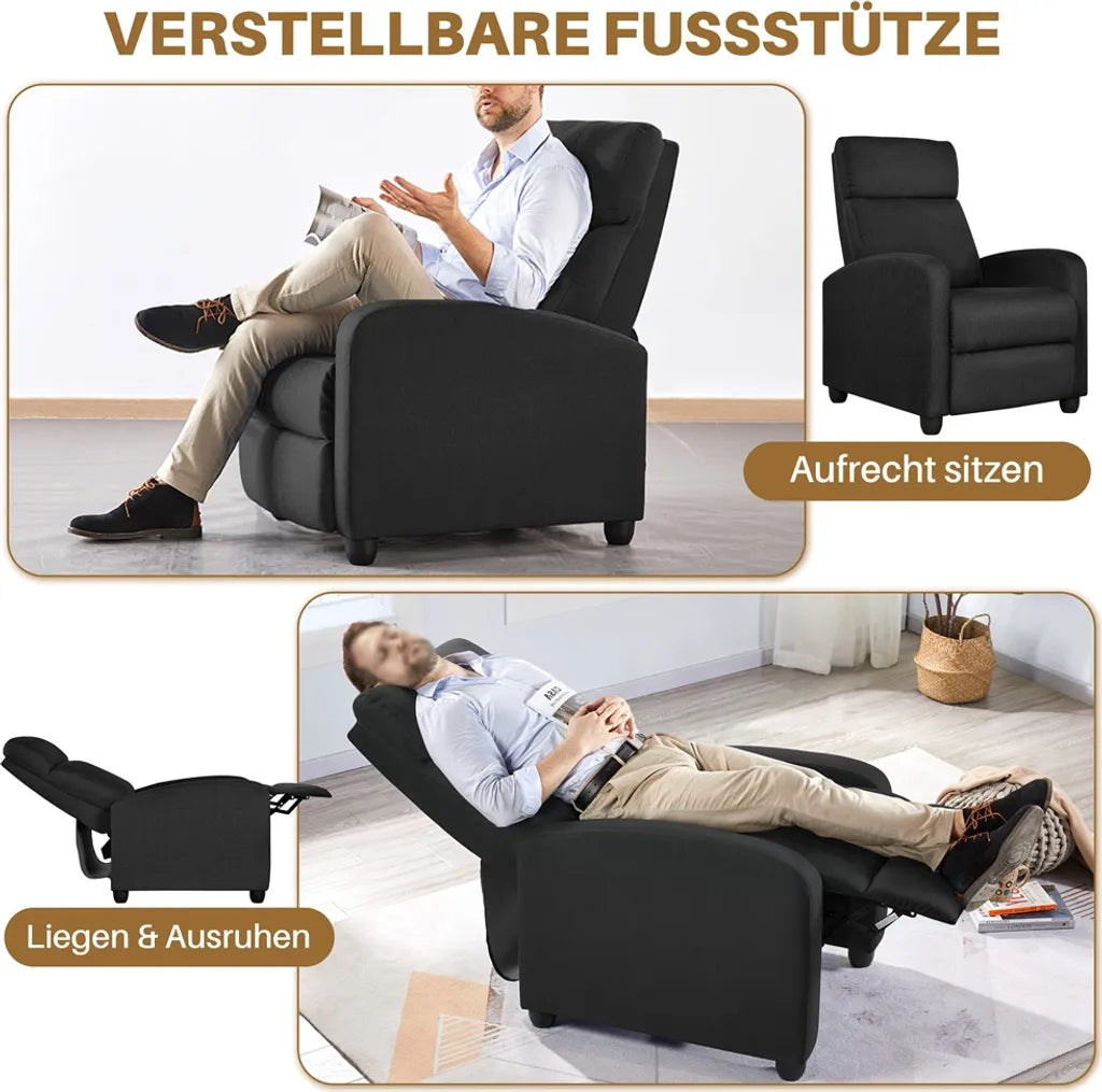 Fauteuil de détente Yaheetech – Noir – 87 x 61,5 x 99 cm – Fauteuil inclinable avec repose-pieds