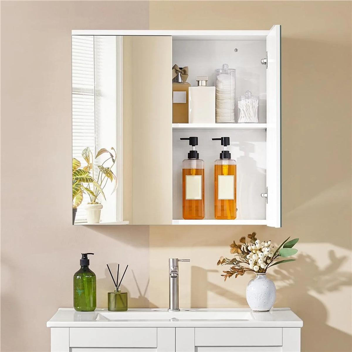 Yaheetech : élégante armoire de salle de bains avec miroir, 63 x 15 x 60 cm – Blanc frais – MDF et verre