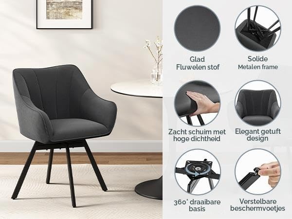 Lot de 2 chaises de salle à manger pivotantes avec accoudoirs et revêtement en velours gris foncé