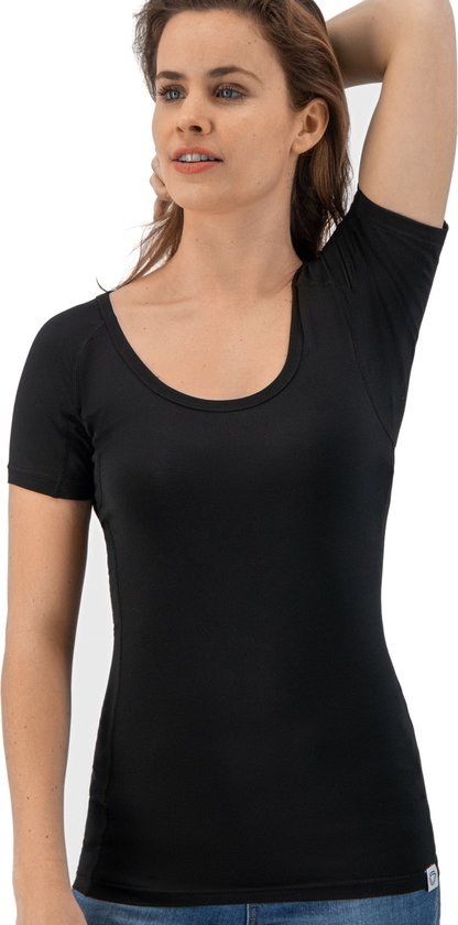 Anti Sweat Shirt - Fibershirts® - Coussinets d'aisselles cousus - Maillot de corps - Noir - Col rond - Femmes - Taille XL