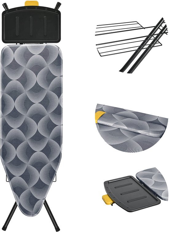 Table à repasser STAUS&BACH X - pour générateur de vapeur - 122 x 43,5 cm - Avec planche à repasser les manches et support pliable - Réglable en hauteur de 76 à 96 cm - Avec support pour générateur de vapeur et fer à repasser à vapeur - Gris foncé - Ironi