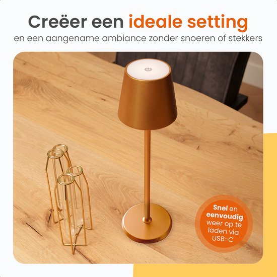 Goliving Essence Lampe de table rechargeable - 2 pièces - Sans fil et dimmable - Lampe tactile moderne - Lampe de nuit pour chambre à coucher - 38 cm - Or