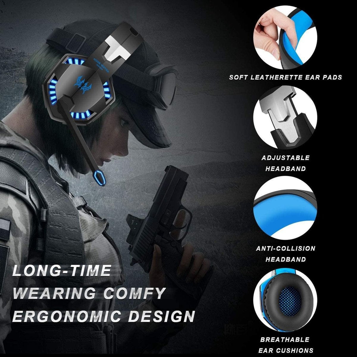 KOTION Casque de jeu EACH G2000 - Noir/Bleu - Convient pour PS4, Xbox One, Switch et Windows