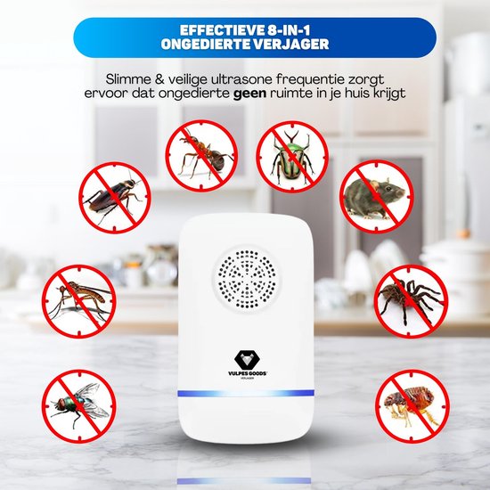 Vulpes Goods® Repellent - Ultrasonic Mouse Repellent PRO - 8-in-1 Pest Repellent - Indoor Mouse Repellent - Pest Reject - Pest Repellent - Insect Repellent - Mosquito Repellent - 4 Pack - White