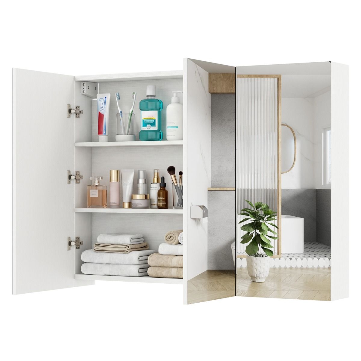 Armoire de salle de bains avec miroir mural Coast - trois portes - 6 compartiments - blanche - 87 x 65 x 12,5 cm