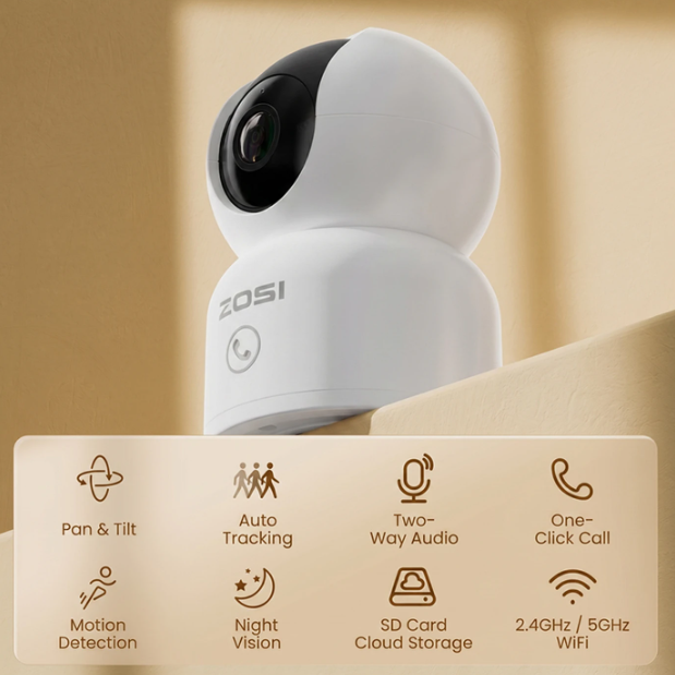 Caméra d'intérieur ZOSI - 4 MP 2,5K - Wi-Fi - Orientable à 360° - Détection de mouvement - Vision nocturne - Audio bidirectionnel - Commande via l'application