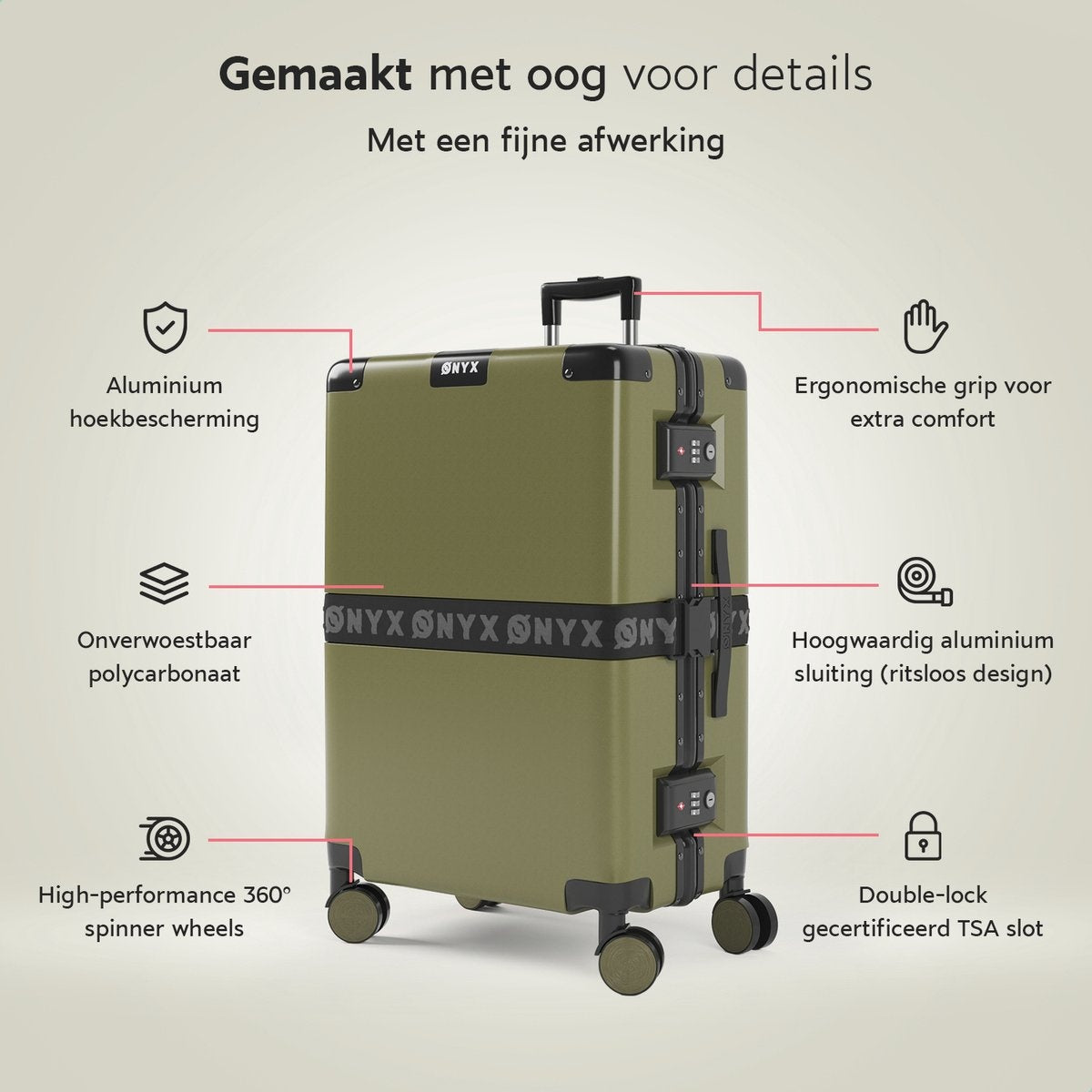 ONYX® Check-in Suitcase 65L - TSA lock - Spinner wheels - Lightweight Trolley - Aluminium closure - Olive green