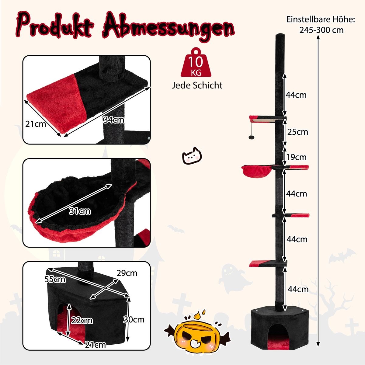 Arbre à chat Coast, du sol au plafond - 5 étages - réglable - noir et rouge