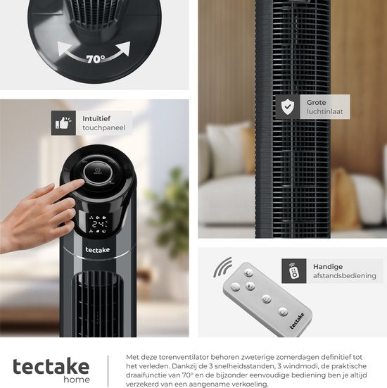 tectake® Grand ventilateur avec télécommande - 110 cm - Ventilateur oscillant à 3 vitesses - Ventilateur colonne - Ventilateur sur pied silencieux avec différents modes de ventilation + minuterie - Rafraîchisseur d'air - Noir