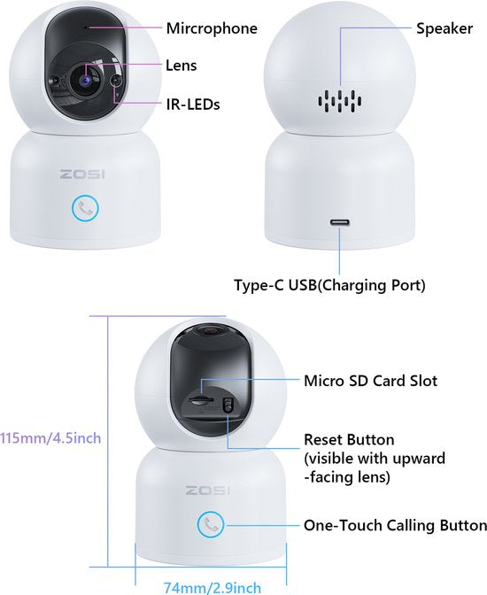 Fuegobird ZOSI C518 Caméra IP d'intérieur - 3MP - Fonction interphone - Caméra de sécurité - Caméra pour animaux - Caméra pour bébés - Compatible avec WIFI 2.4G/5G - Fonctionne avec application - Blanc