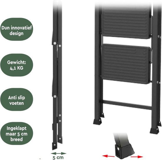 BRASQ Escabeau ménager 2 marches noir - échelle de cuisine pliable en métal pour usage privé et professionnel - Escabeau - Antidérapant